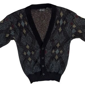 Men’s Black Wool Blend Argyle Button-Front Cardigan with Multicolor Diamonds